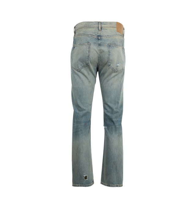Image 2 of 3 - BLUE - ENFANTS RICHES DEPRIMES Straight Leg Jeans in 14oz Japanese denim featuring mid-rise, five-pocket styling, button-fly, belt loops at waistband, ERD-branded hardware, embossed logo patch at back waistband, heavy vintage wash process and distressing throughout. 100% cotton.