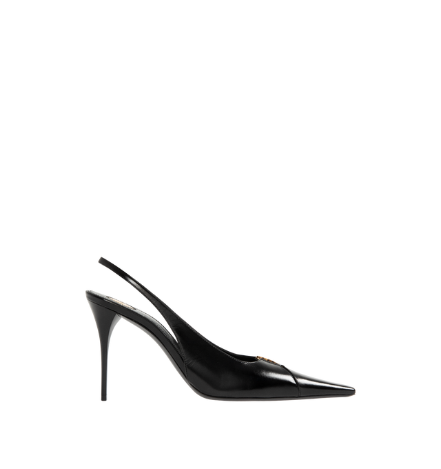 Image 1 of 4 - BLACK - SAINT LAURENT Babylone Breteuil Slingback Pumps featuring a cut-out elongated toe decorated with the cassandre, leather sole, round saint laurent-engraved metal plaque on the insole and elasticized slingback strap. 3.5 inch heel. Lambskin/calfskin. Made in Italy.