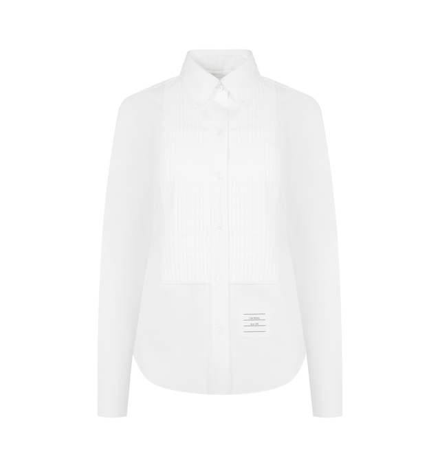 Image 1 of 2 - WHITE - THOM BROWNE Poplin Cotton Pleated Bib Shirt featuring a pliss pleated bib, French button cuffs, point collar, button-front placket and long sleeves. 100% cotton. Made in Italy.