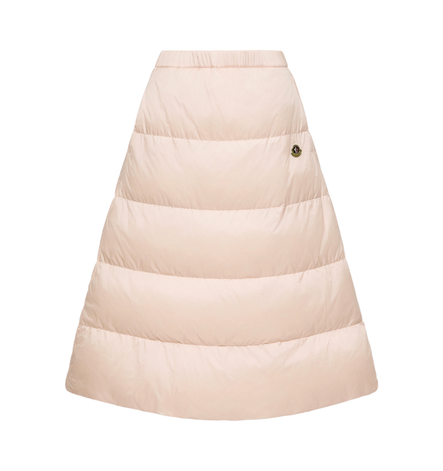 Image 1 of 1 - PINK - Moncler Women's Reversible Padded Midi Skirt is crafted from wool twill and features a reversible design with a longue saison reverse side, offering versatile styling options. Inspired by Moncler's alpine heritage, this midi-length silhouette is down-filled for warmth and finished with a vintage-inspired metal logo. Main Material: 100% Virgin Wool. Reverse Side: 100% Polyamide / Nylon. Padding: 90% Down, 10% Feather.