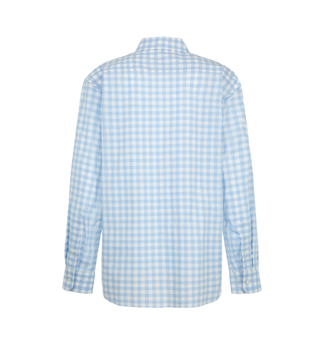 Image 2 of 2 - BLUE - Loewe Women's Gingham Button-Down Shirt is crafted in a lightweight cotton featuring a contrasting patchwork art and prints. This shirt is part of the LOEWE x Cosima Von Bonin collection. Features: Regular fit, regular length, Button-down collar, Contrast jacquard chest patch pocket, Double L embroidery placed on the chest pocket.