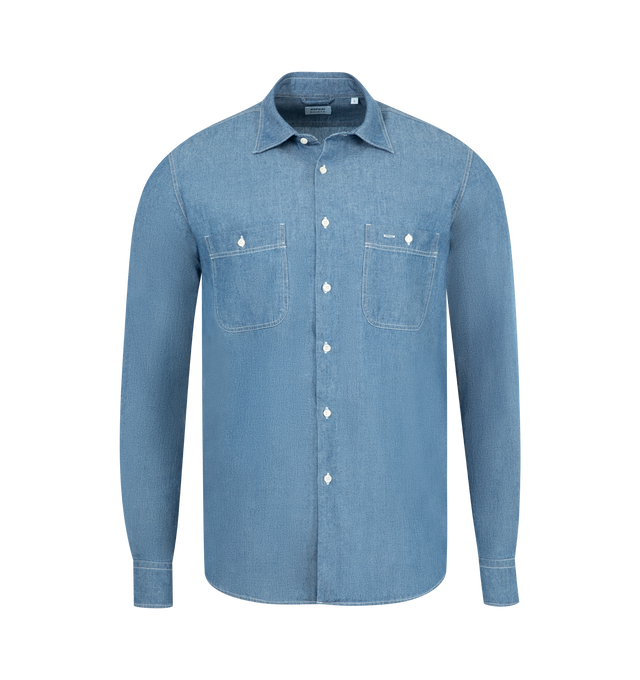 Image 1 of 2 - BLUE - ASPESI Camicia New C Slim Shirt featuring iconic mod. c washed Japanese chambray cotton work shirt with two patch chest pockets, contrasting natural-coloured yarn, stamp-printed logo on external placket, aspesi flag label inserted at side and slim fit. 100% cotton.