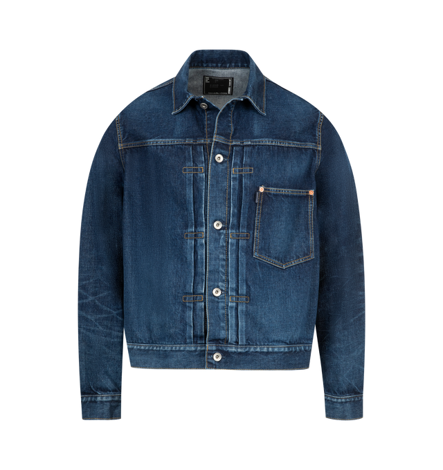 Image 1 of 3 - BLUE - SACAI BEYONDEXX Denim Jacket featuring non-stretch denim, fading, whiskering, and distressing throughout, spread collar, button closure, pintucks at front, patch pocket at chest, buttoned barrel cuffs, cinch tab at back, logo-engraved hardware and contrast stitching in tan. 100% cotton. Made in Japan.