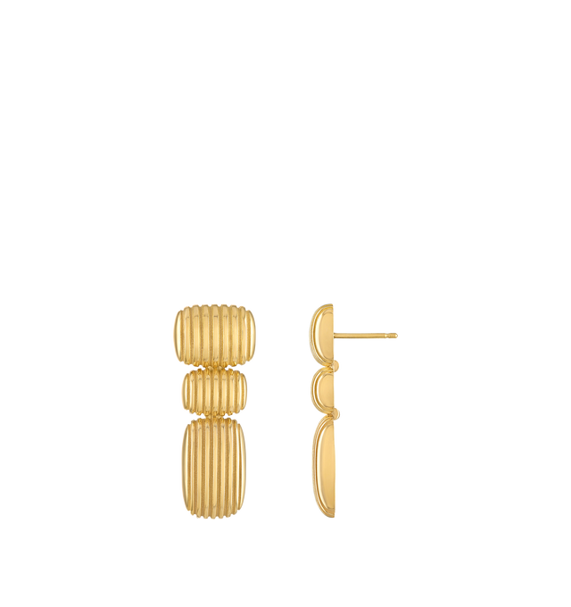 Image 2 of 3 - GOLD - Pamela Zamore Isla 40mm length oblong cushion earrings finely crafted in Rhode Island from 18K gold. Isla brings form to Pamelas love of working with texture and shape. A gleaming finish of polished ridges and sandblasted channels evoke both the nobility of ancient worlds and the glamour of the 70s. Hirshleifers offers a range of pieces from this collection in-store. For personal consultation and detailed information about jewelry, please contact our dedicated stylist team at personals