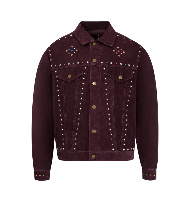 Image 1 of 2 - BROWN - NEEDLES Studded Jean Jacket featuring stud embellishments front and back, corduroy, adjustable with tabs at the back to create a cropped, Western silhouette, button front closure, collar and button cuffs. 85% cotton, 15% polyester. Made in Japan.