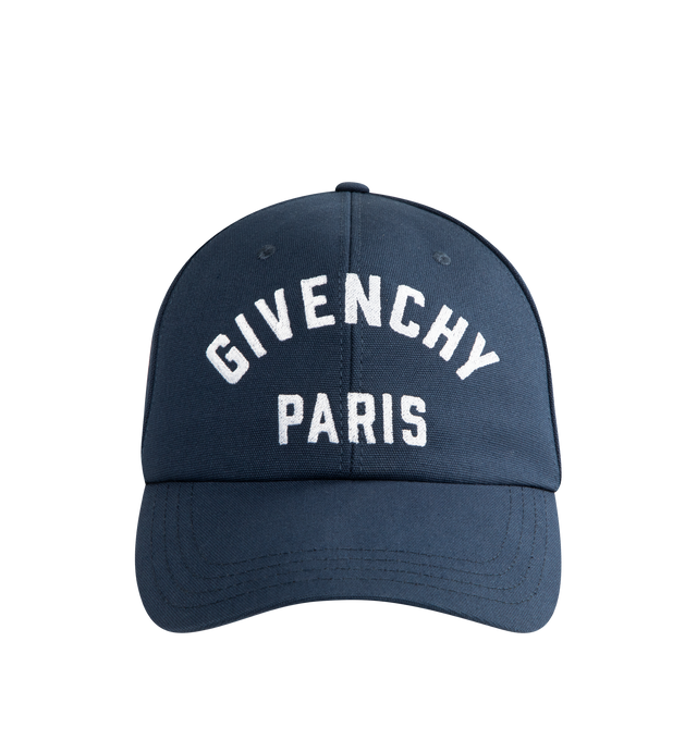 Image 1 of 2 - NAVY - GIVENCHY Embroidered Cap in cotton featuring curved brim, embroidered GIVENCHY Paris signature and tab with GIVENCHY-engraved metal buckle on the back. 100% cotton. Lining: 100% cupro.