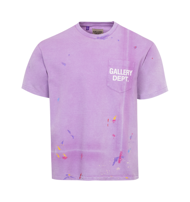 Image 1 of 2 - PURPLE - GALLERY DEPT. Vintage Logo Tee featuring boxy fit with understated ribbed accents at the neckline and cuffs, faded screen-printed logo on both front and back along with paint splatter. 100% cotton. 