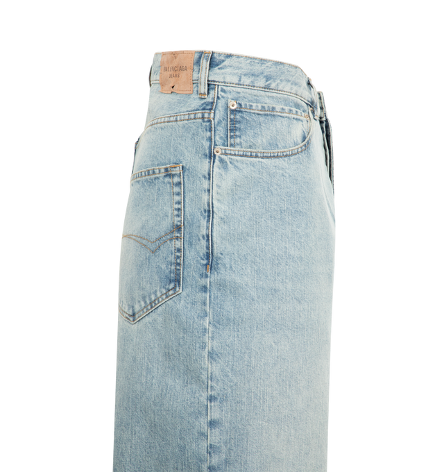 Image 3 of 3 - BLUE - BALENCIAGA Baggy Trousers featuring Japanese denim, mid-waist, covered button fly, 5 belt loops, 5 pockets, Balenciaga engraved flex buttons and Balenciaga garde-robe leather jacron at back. 100% cotton. Made in Japan.