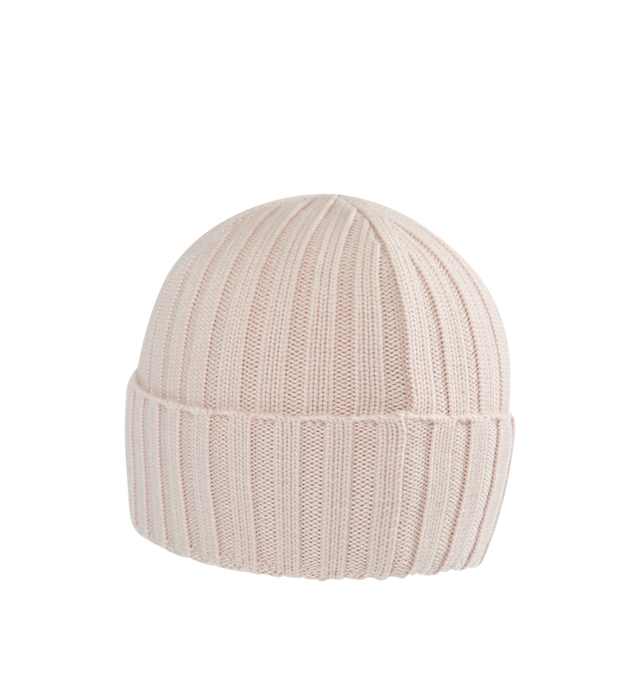 Image 2 of 2 - PINK - MONCLER Wool Beanie featuring ribbed knit, Gauge 5 and logo patch. 100% virgin wool.