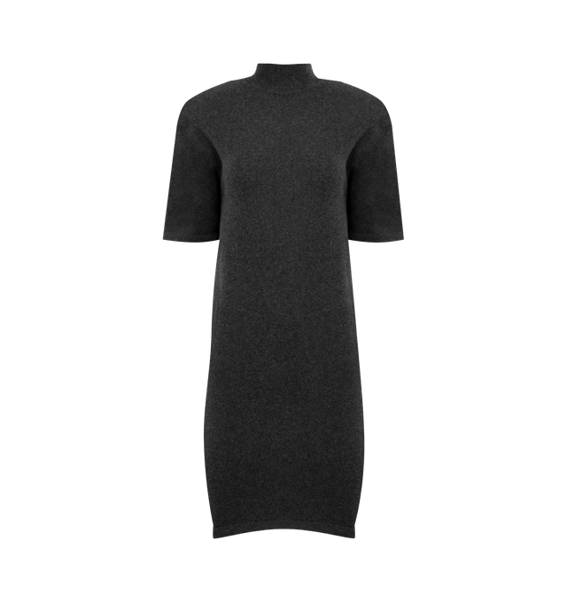 Image 1 of 2 - GREY - JACQUEMUS Castagna Knit Dress featuring short-sleeves, short fitted shape, soft wool cashmere knit, ribbed mock-neck, rounded shoulder pads, elbow-length sleeves, relaxed waistline and J loop on the back. 90% Merino wool, 10% polyamide. Made in Portugal.