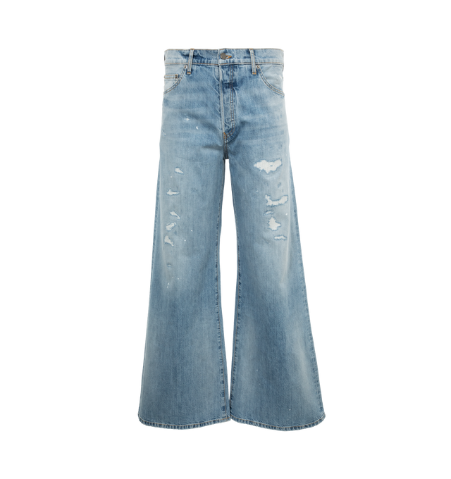 Image 1 of 3 - BLUE - COUT DE LA LIBERTE Victor Cirspy Rigid Denim Wide Leg Jean featuring button front closure, 5 pocket styling, distressed throughout and wide leg. 100% cotton. Made In USA. 