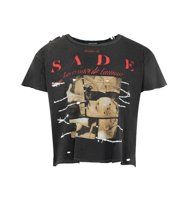 Image 1 of 2 - BLACK - ENFANTS RICHES DEPRIMES Les Crimes de L'Amour T-Shirt featuring heavy distressing, raw hems, a faded Marquis de Sade graphic, short sleeves and crewneck. 100% cotton. Made in USA.