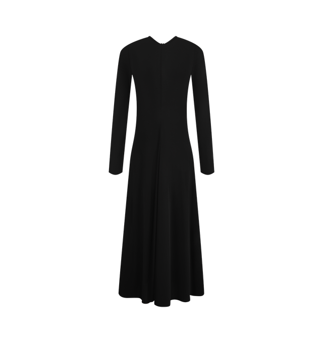 Image 1 of 3 - BLACK - The Row Women's Dina Dress is crafted from fluid matte viscose jersey and features a long-sleeve crewneck silhouette with a fitted bodice and flared skirt that falls just above the ankle. Designed with godet construction for fluid movement and a smooth, continuous drape, this designer dress is finished with a concealed center-back zipper closure. Main Material: 100% Viscose. Fit: Fitted Bodice with Flared Skirt. Neckline: Crewneck. Closure: Concealed Center-Back Zipper. Details: Godet