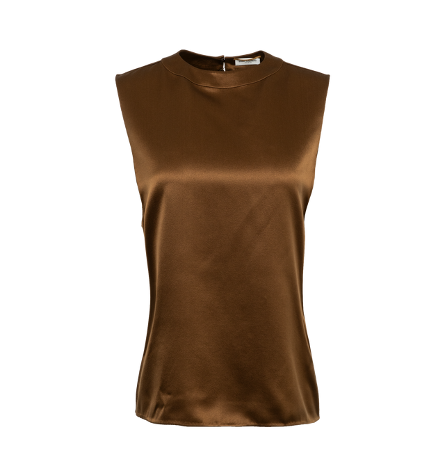 Image 1 of 3 - BROWN - SAINT LAURENT Silk Satin Crepe Top featuring wide trimmed round neck, button closure at back of neck and plunging armscyles. 100% silk.  