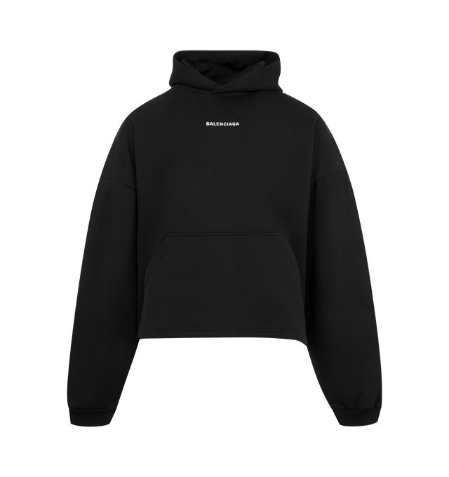 Image 1 of 2 - BLACK - Balenciaga Cropped Hoodie has an attached hood, signature graphics at the front and back, kangaroo pocket, and ribbed trims.