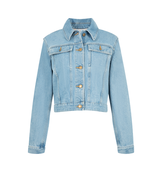 Image 1 of 3 - BLUE - Thom Browne Womens Shrunken Denim Jacket is crafted from 13.75 oz Japanese selvedge denim. Features a shrunken fit, button-front closure, buttoned flap chest pockets, striped oxford-lined back yoke, button-fastening backstrap, buttoned cuffs with internal RWB grosgrain trim, and signature striped grosgrain loop tab. Main Material: 100% Cotton. Made in Japan.