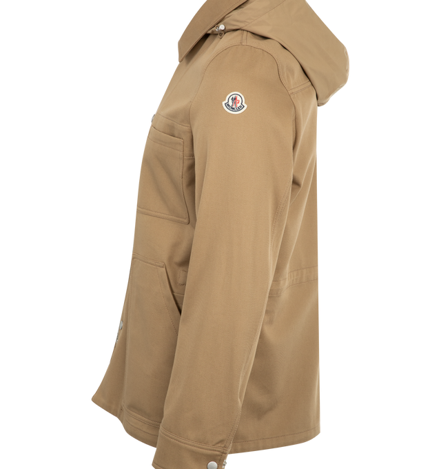 Image 3 of 3 - BROWN - Moncler Guerledan Shirt Jacket has a classic collar with a removable and adjustable hood, a 2-way zip front closure with snap buttons, chest pockets, side zip pockets, and button cuffs.