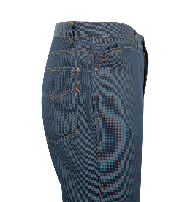 Image 3 of 3 - BLUE - NEEDLES Boot-Cut Jean in poly twill featuring zip fly with button closure, 4 pocket style, contrast stitching and flared hem. 100% polyester. Made in Japan.