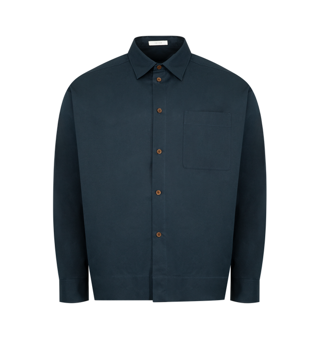 Image 1 of 2 - NAVY - THE ROW Martino Shirt featuring relaxed fit, front patch pocket, button front closure, collar and buttoned cuffs. Made in Italy.