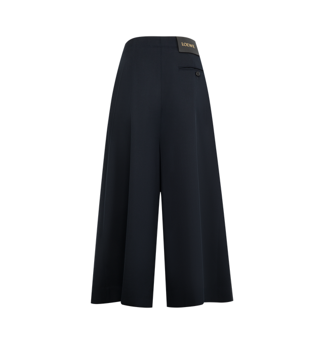 Image 2 of 4 - NAVY - LOEWE Cropped Belted Trousers in lightweight fluid wool tailoring featuring a gathered front with a leather belt detail, regular fit, cropped length, mid waist, loose leg, side zip fastening, seam pockets, buttoned rear jet pocket, pressed creases at the front and LOEWE embossed leather patch placed at the back. Wool. Made in Italy.