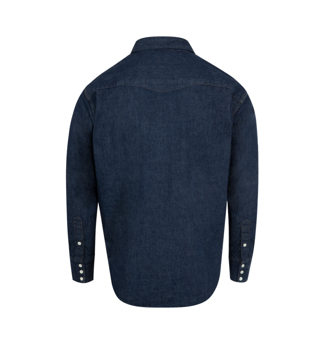 Image 2 of 2 - BLUE - ORSLOW Denim Western Shirt featuring regular collar, shoulder yolk detailing, full snap front fasten, two chest pockets with flap and snap fasten and curved hem. 100% cotton. Made in Japan.