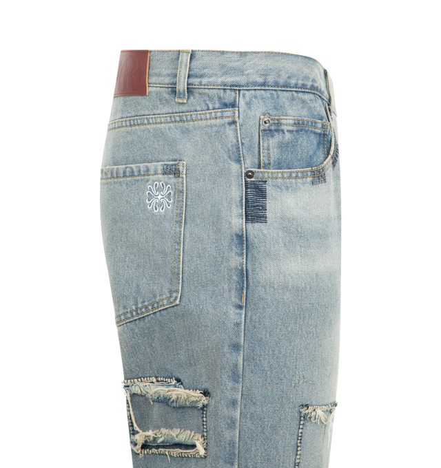 Image 3 of 3 - BLUE - MIDNIGHT RODEO Patchwork Denim featuring relaxed-fit, patchwork panel detailing throughout, distressed and repaired accents, classic five-pocket construction, belt loops and button closure with zip fly. 100% cotton.