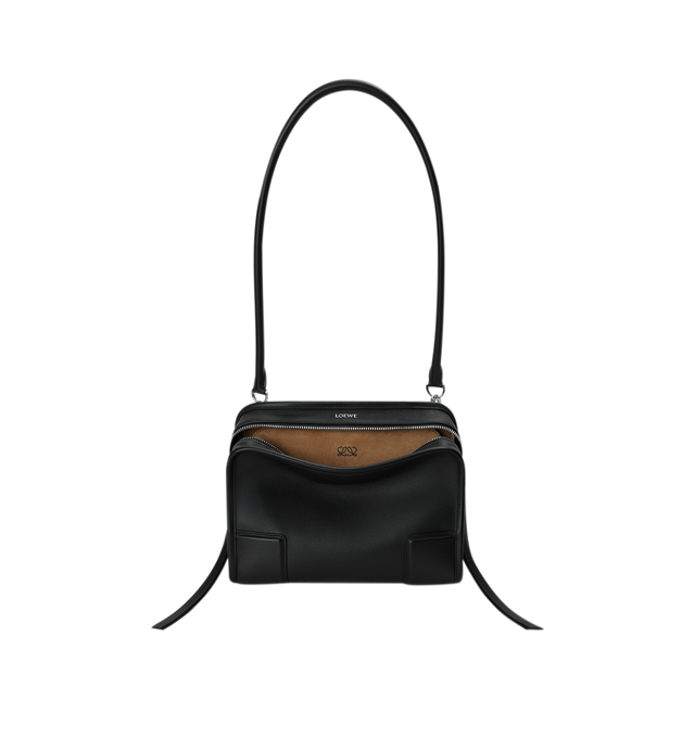 Image 9 of 16 - BLACK - Loewe Small Amazona 180 Bag in leather features a relaxed silhouette anchored by a single toron top handle, designed to be carried open, while a concealed closure secures the main compartment, three carry options: short handle, removable shoulder strap and crossbody, zip closure with two leather zip pullers, two compartments, main compartment closed with magnetic closure, internal flat pocket, left side d-ring for customization, nappa lambskin lining, and embossed double L branding.