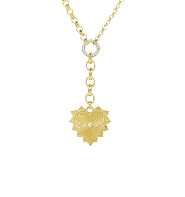 Image 1 of 1 - GOLD - FOUNDRAE Radiating Heart Medium Mixed Belcher Extension Necklace featuring 18K yellow gold heavy belcher extension at the base of the 18K yellow gold mixed medium and small belcher chain with an engraved, radiating 18K yellow gold heart. Total length: 18". 18K yellow gold heavy belcher chain extension length: 1". 18K yellow gold heart: just under 7/8" x just under 7/8". Diamonds: 1mm diameter to 1.5mm diameter each. 18K yellow gold lobster clasp closure. Hirshleifers offers a range