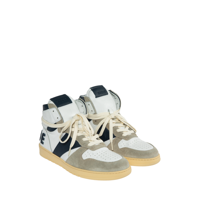 Image 2 of 5 - WHITE - RHUDE Rhecess High-Top Sneakers featuring color block, distressed suede-trim and lace-up. 