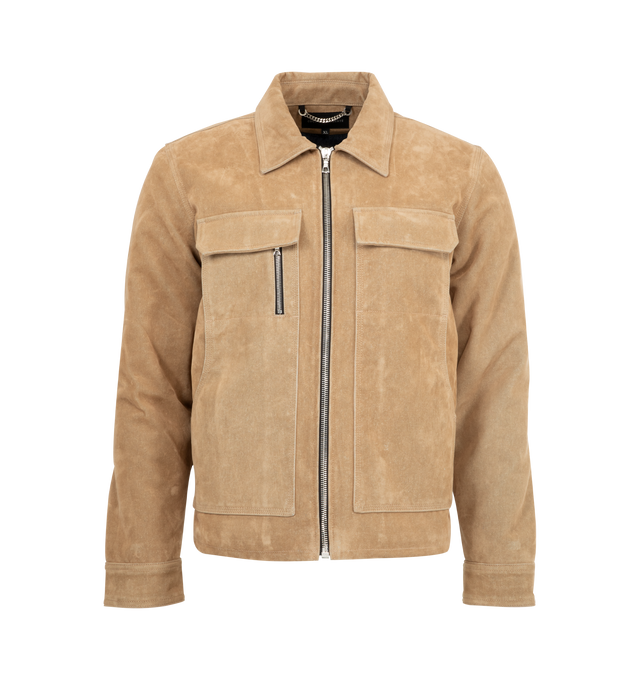 Image 1 of 3 - BROWN - COUT DE LA LIBERTE Carl Suede Denim Twill Patched Jacket featuring classic collar, zip front closure, button cuffs and 4 front pockets. Made in USA.