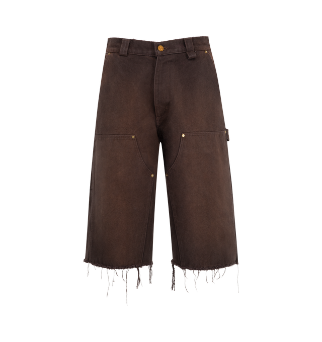 Image 1 of 3 - BROWN - Willy Chavarria Men's Workwear Carpenter Short is crafted from cotton and features a relaxed, straight-leg fit with an aged wash for a worn-in finish. Designed with reinforced double-knee panels, utility pockets, a back tool pocket embroidered with "CCC," and a zip fly with branded button closure, this designer workwear pant is finished with a signature W loop and key loop at the back waistband. Main Material: 100% Cotton. Made in USA.