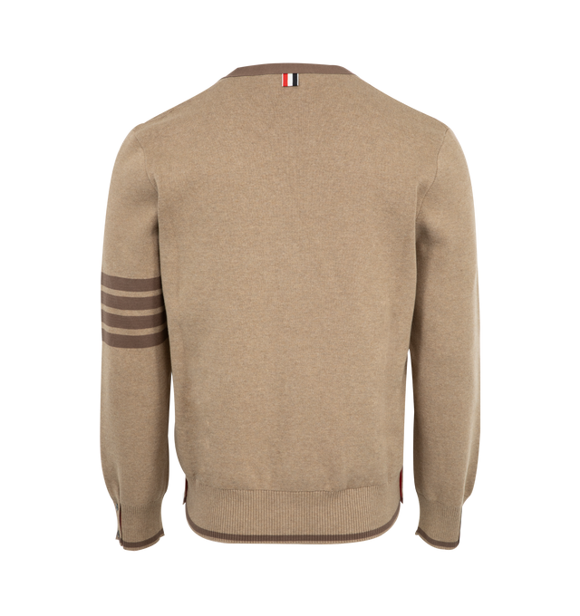 Image 2 of 2 - BROWN - THOM BROWNE Milano Stitch 4 Bar Cardigan featuring signature 4-bar detailing on the left sleeve, striped grosgrain trim at the front, cuffs, and side vents, front button closure, 2 front slip pockets, 4-bar detailing, buttoned cuffs with signature striped grosgrain trim, buttoned side vents with signature striped grosgrain trim and signature striped grosgrain loop tab. 100% cotton. Made in Italy.