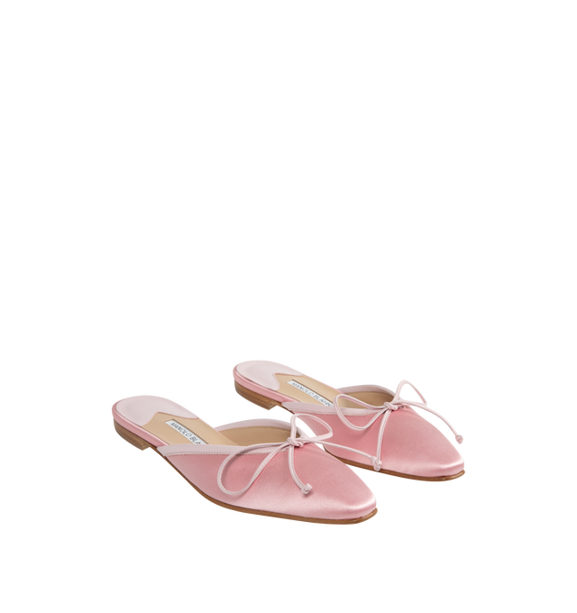 Image 2 of 4 - PINK - Manolo Blahnik Satin Bow Ballerina Flats in a slide-on style featuring grosgrain trim and bow accent, 10 mm flat heel, almond toe, leather outsole and leather lining. Made in Italy.