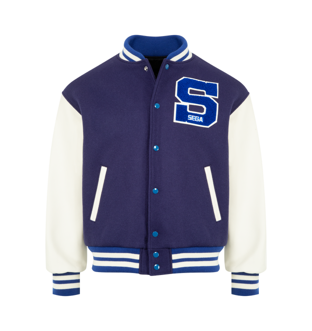 Image 1 of 3 - BLUE - SAINT MICHAEL SG Saint SEGA Varsity Jacket featuring appliqu striped ribbed trim, press-stud fastening, side welt pockets and long sleeves. 90% wool, 10% nylon.
