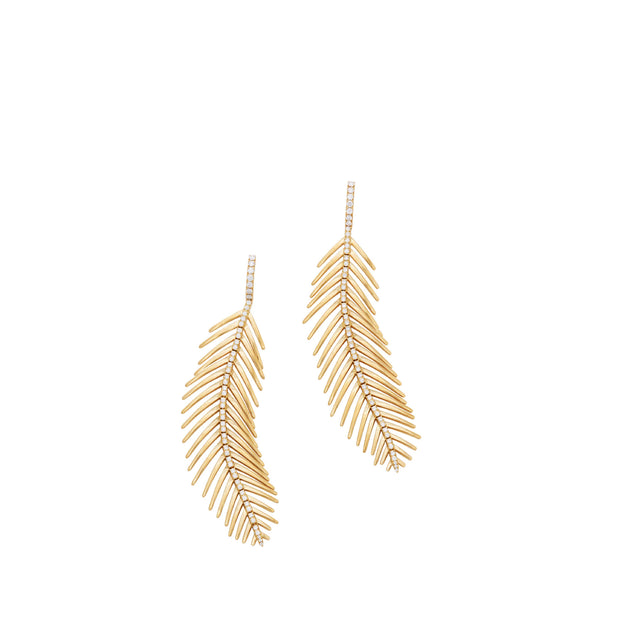 Image 1 of 1 - GOLD - SIDNEY GARBER Feathers That Move Earrings featuring feather earrings that move as you move, spine lined in 0.98ct. diamonds, 18K yellow gold, posted top and approximately 3.25 inches long.