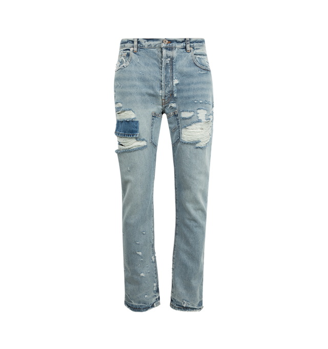 Image 1 of 3 - BLUE - GALLERY DEPT. Bowery 5001 Jean featuring 5001 silhouette, 5-pocket design, distressing throughout, straight leg and GD custom hardware. 100% cotton. Made in USA.