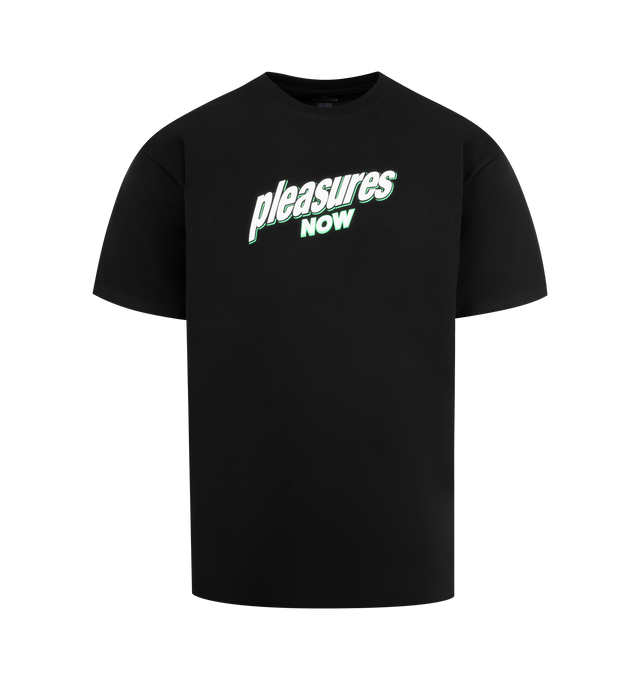 Image 1 of 2 - BLACK - PLEASURES Quench Tee featuring prints that include text on the chest, a soda can graphic on the back, ribbed collar and short sleeves. 100% cotton.