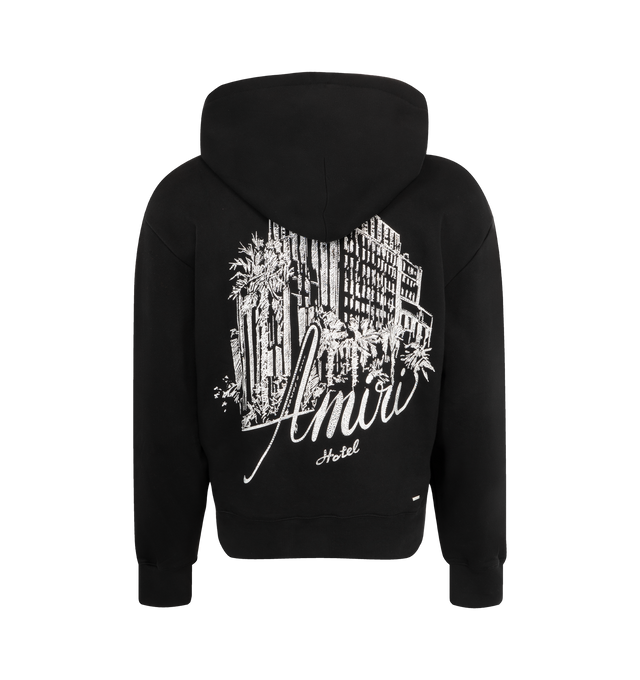 Image 2 of 2 - BLACK - AMIRI Amiri Hotel Hoodie featuring cotton fixed hood, dropped shoulders, front pouch pocket, ribbed trims, logo on front and graphic on back. 100% cotton.
