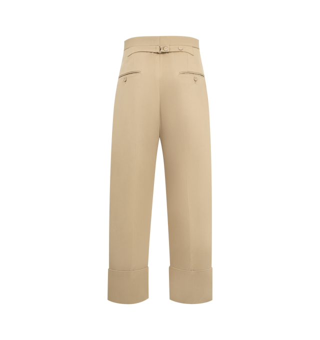 Image 2 of 3 - BROWN - THOM BROWNE Backstrap Double Pleat Trouser featuring high rise, tab front closure, slip side pockets, back welt pockets, front pleats, wide cuffs and adjustable buttoned backstrap. Made in Italy.