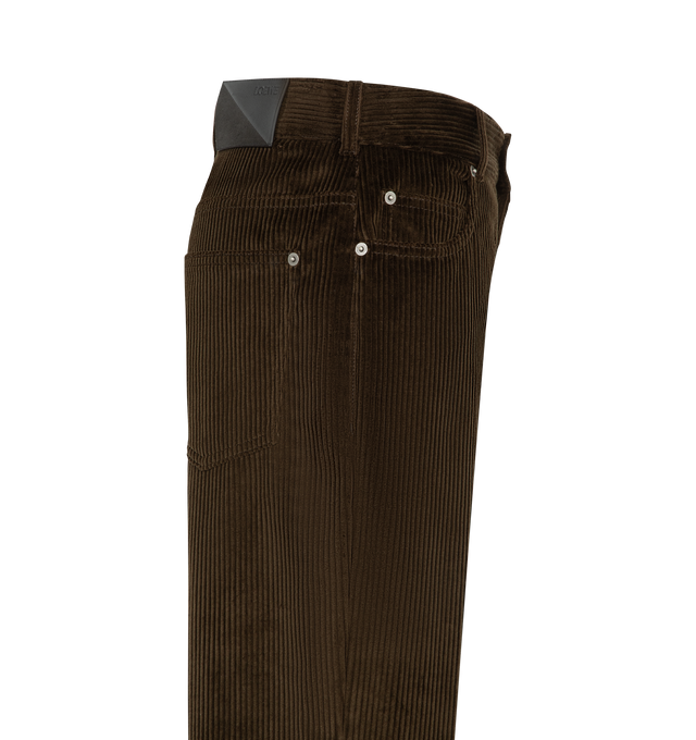 Image 3 of 3 - BROWN - Loewe Women's Trousers in Cotton Corduroy are crafted from medium-weight cotton corduroy and feature a regular fit with a regular length, mid waist, and straight-leg silhouette. Designed in a classic five-pocket style, they are finished with a button front fastening, concealed zip fly, and a debossed leather and suede 'LOEWE' patch at the back. Main Material: 100% Cotton. Made in Italy.