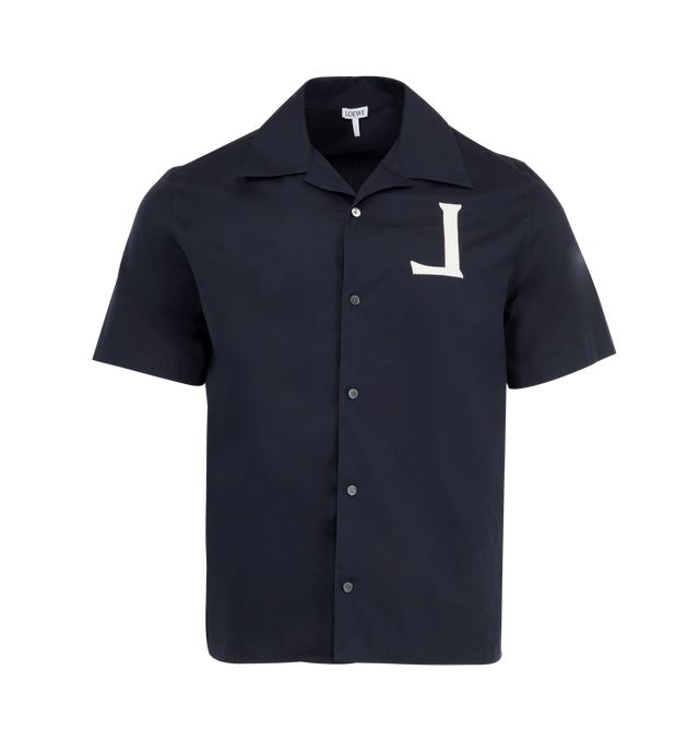 Image 1 of 2 - NAVY - LOEWE Short Sleeve Shirt in silk featuring relaxed fit, regular length, spread collar, button front fastening, short sleeves and logo on chest.