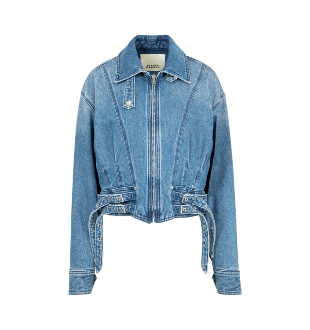 Image 1 of 2 - BLUE - ISABEL MARANT Santa Cropped Denim Jacket featuring a cropped silhouette, buckle detailing at the hem, cinched fit, zip front closure and classic collar. 100% cotton. Made in Morocco.