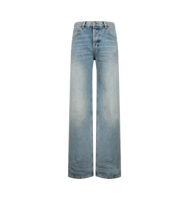 Image 1 of 3 - BLUE - Saint Laurent Women's Neo 90's Baggy Jeans are crafted from premium denim and feature a low-rise silhouette with a relaxed baggy leg inspired by iconic 1990s styles. Designed with a classic five-pocket construction, zip fly, and belt loops, these designer jeans combine effortless vintage-inspired proportions with Saint Laurent's signature Parisian edge for versatile everyday wear. Main Material: 100% Cotton.