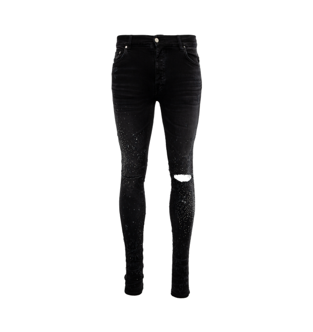 Image 1 of 4 - BLACK - AMIRI Crystal Shotgun Jeans featuring belt loops, five-pocket styling, button-fly, leather logo patch at back waistband and logo-engraved silver-tone hardware. 92% cotton, 6% elastomultiester, 2% elastane. Made in USA. 