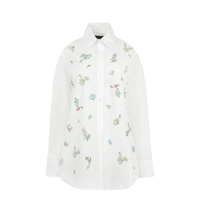 Image 1 of 2 - WHITE - LIBERTINE Joy and Mirth New Classic Shirt featuring classic fit, button closure, shirttail hem, collar and floral front. 100% cotton. Made in USA.
