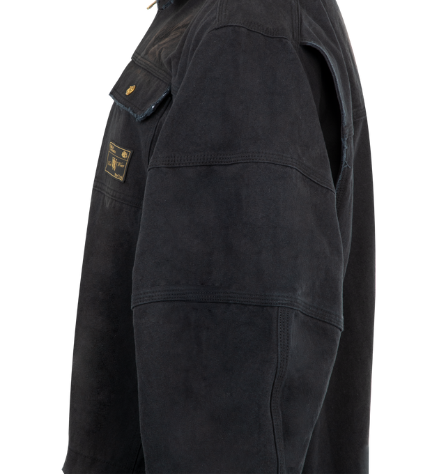 Image 3 of 3 - BLACK - WILLY CHAVARRIA Stockton Work Jacket featuring an oversized fit, structured design, two chest flap pockets with button closures, full zip front with a high collar and embroidered logo detail on the front. 100% cotton canvas. Made in the USA.