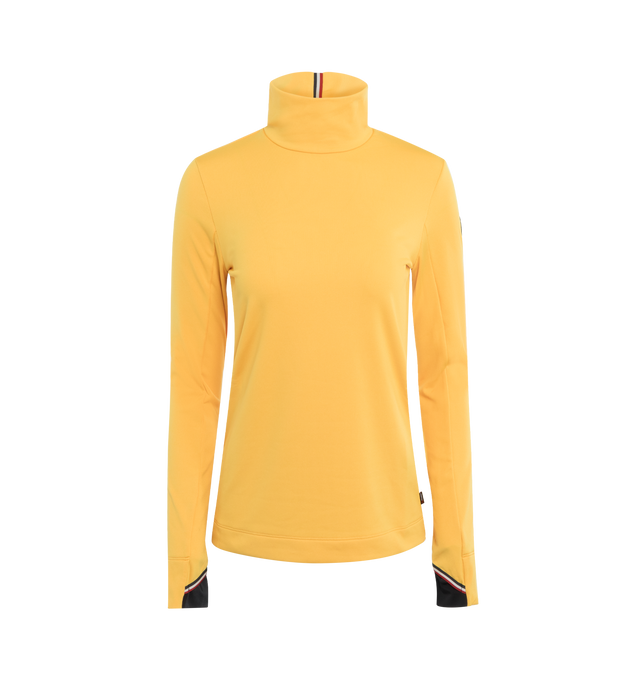 Image 1 of 3 - YELLOW - MONCLER GRENOBLE T-NECK JERSEY featuring turtleneck, tricolor accents on the nape and long sleeves with thumbhole cuffs. 88% polyester, 12% elastane. 