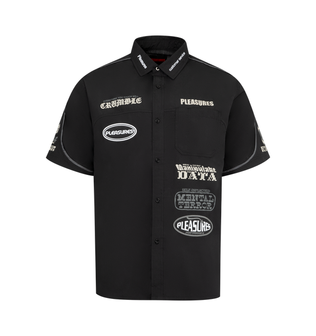 Image 1 of 2 - BLACK - PLEASURES Terror Button Up featuring short sleeves, button front closure, collar, front chest pocket, embroidery and patches throughout. 70% polyester, 30% cotton.