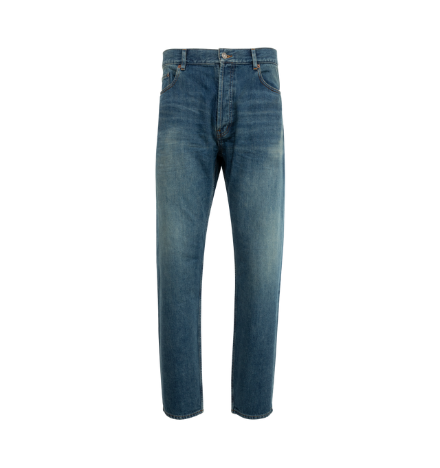 Image 1 of 3 - BLUE - SAINT LAURENT Long Mick Jean featuring mid-rise, five-pocket jeans, long straight leg and zip fly. 100% cotton. Made in Japan.