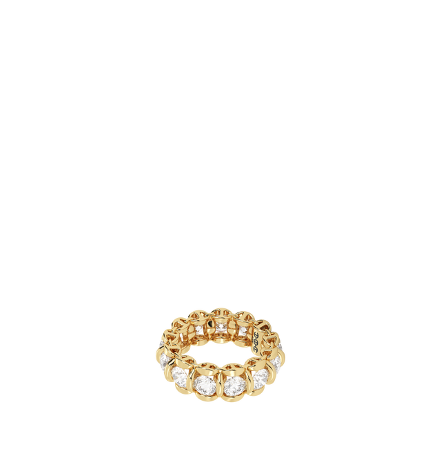Image 1 of 3 - GOLD - HOORSENBUHS 4.5MM Infinite II Ring featuring Tri-Link motif with channel set diamonds and round brilliant Belgian cut G-VSI. Size 6.5. Hirshleifers offers a range of initial pieces from this collection in-store. For personal consultation and detailed information about jewelry, please contact our dedicated stylist team at personalshopping@hirshleifers.com. This item may be restricted for online purchase to international clients. For assistance purchasing this item please contact our ded